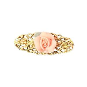 1928 Small Gold Tone Pink Rose Filigree Brooch